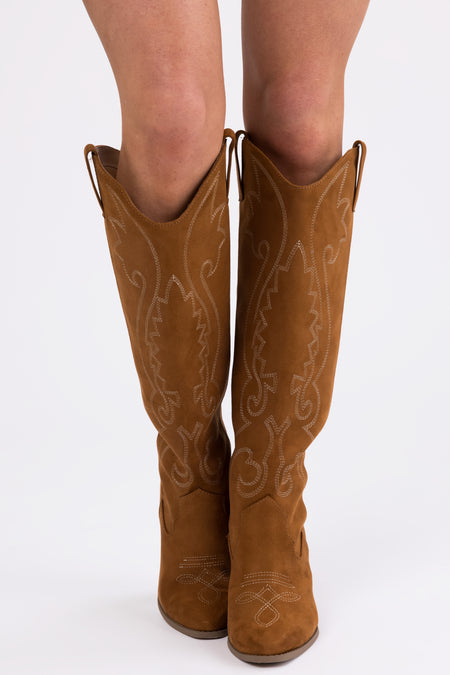 Caramel Knee High Block High Heel Western Boots