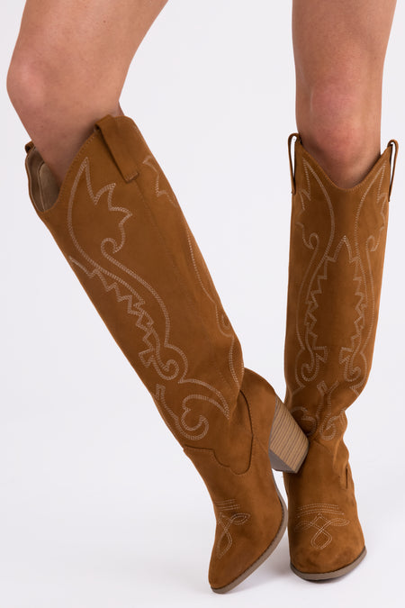 Caramel Knee High Block High Heel Western Boots