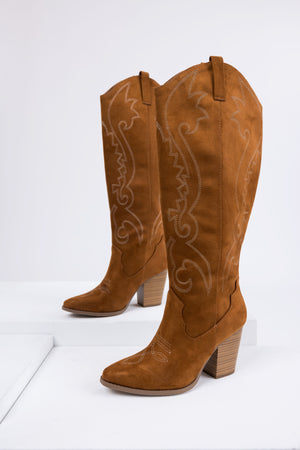 Caramel Knee High Block High Heel Western Boots