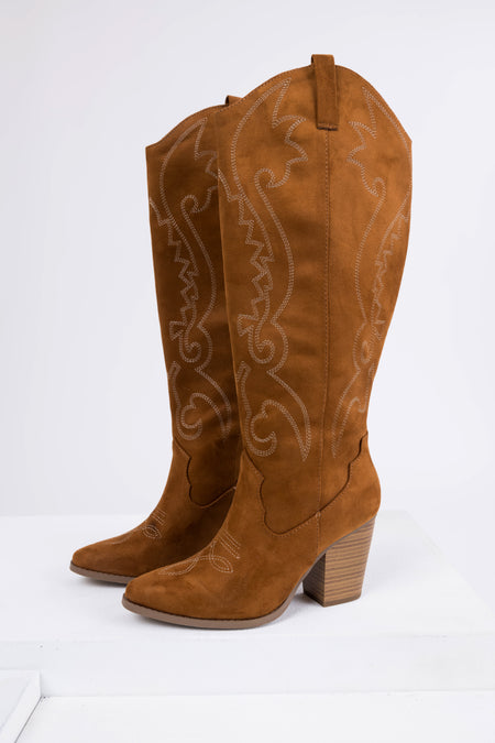 Caramel Knee High Block High Heel Western Boots