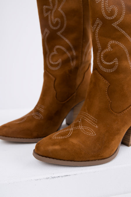 Caramel Knee High Block High Heel Western Boots