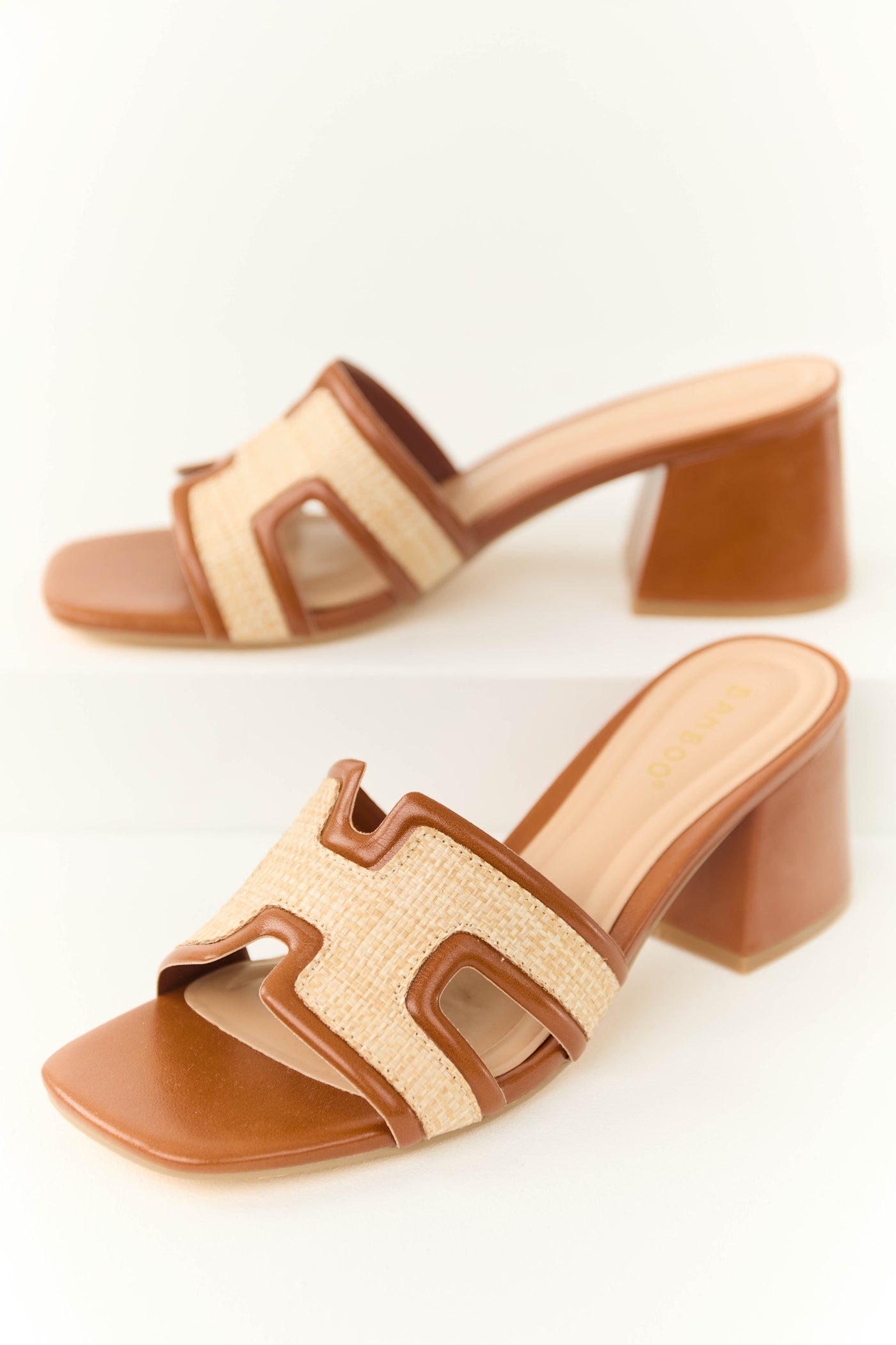 Caramel Slip On Raffia Cut Out Strap Block Heels