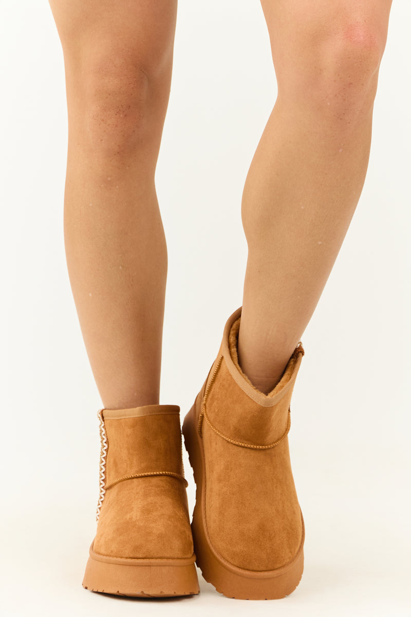 Caramel Suede Slip On Platform Bootie