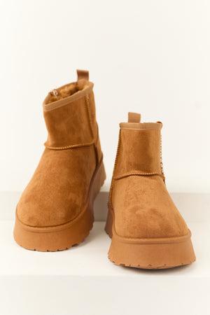 Caramel Suede Slip On Platform Bootie