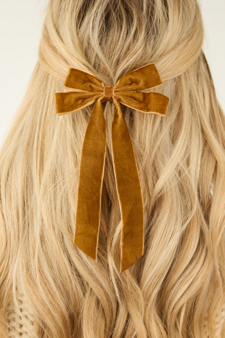 Caramel Velvet Long Ribbon Bow Hair Clip