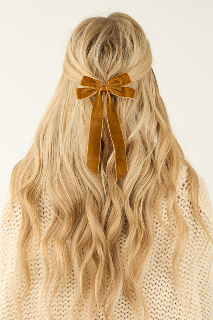 Caramel Velvet Long Ribbon Bow Hair Clip