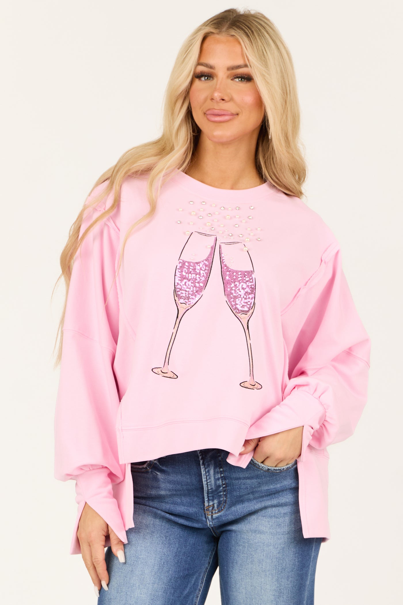 Carnation Champagne Glass Embellished Sweatshirt