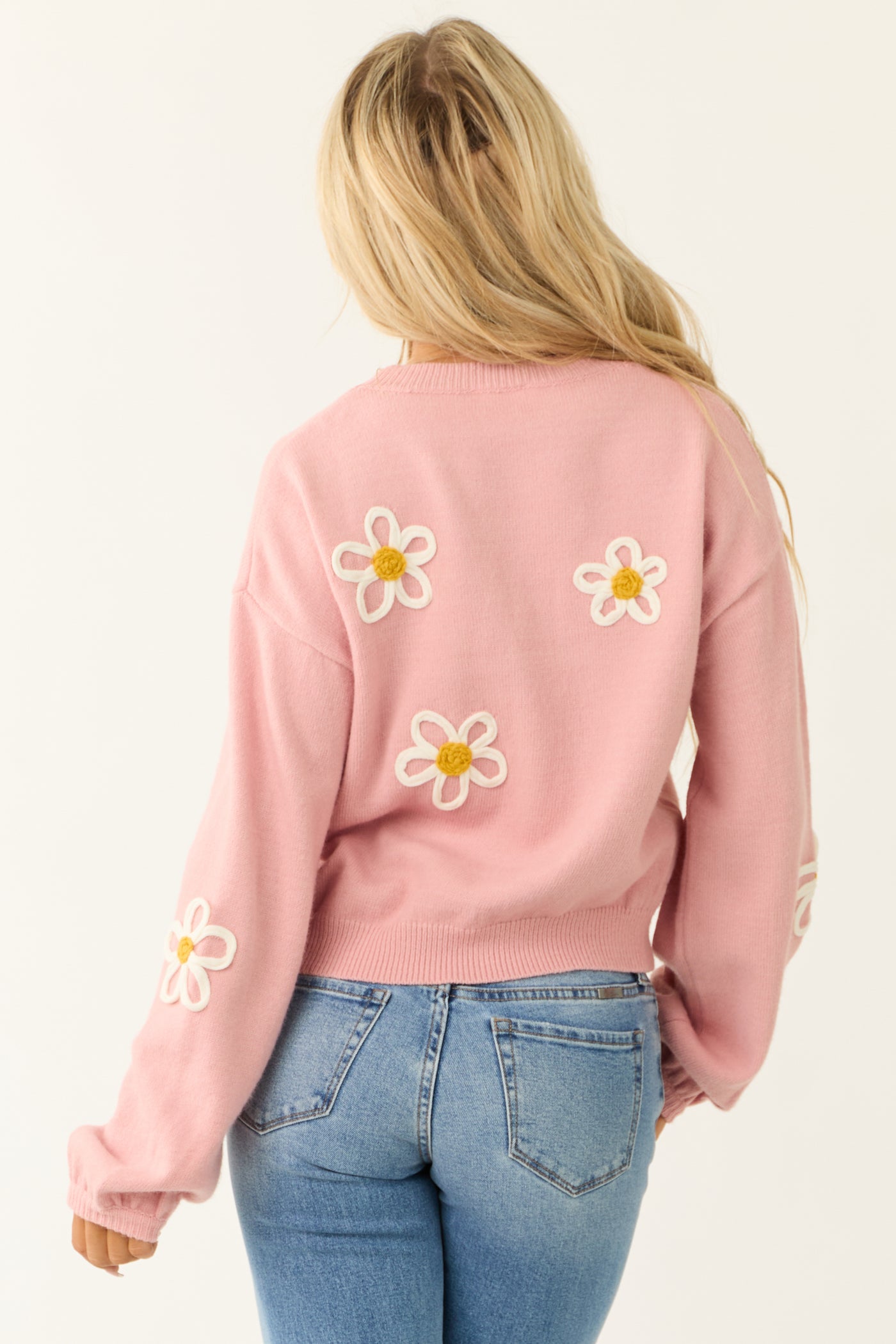 Carnation Floral Embroidered Puff Sleeve Sweater