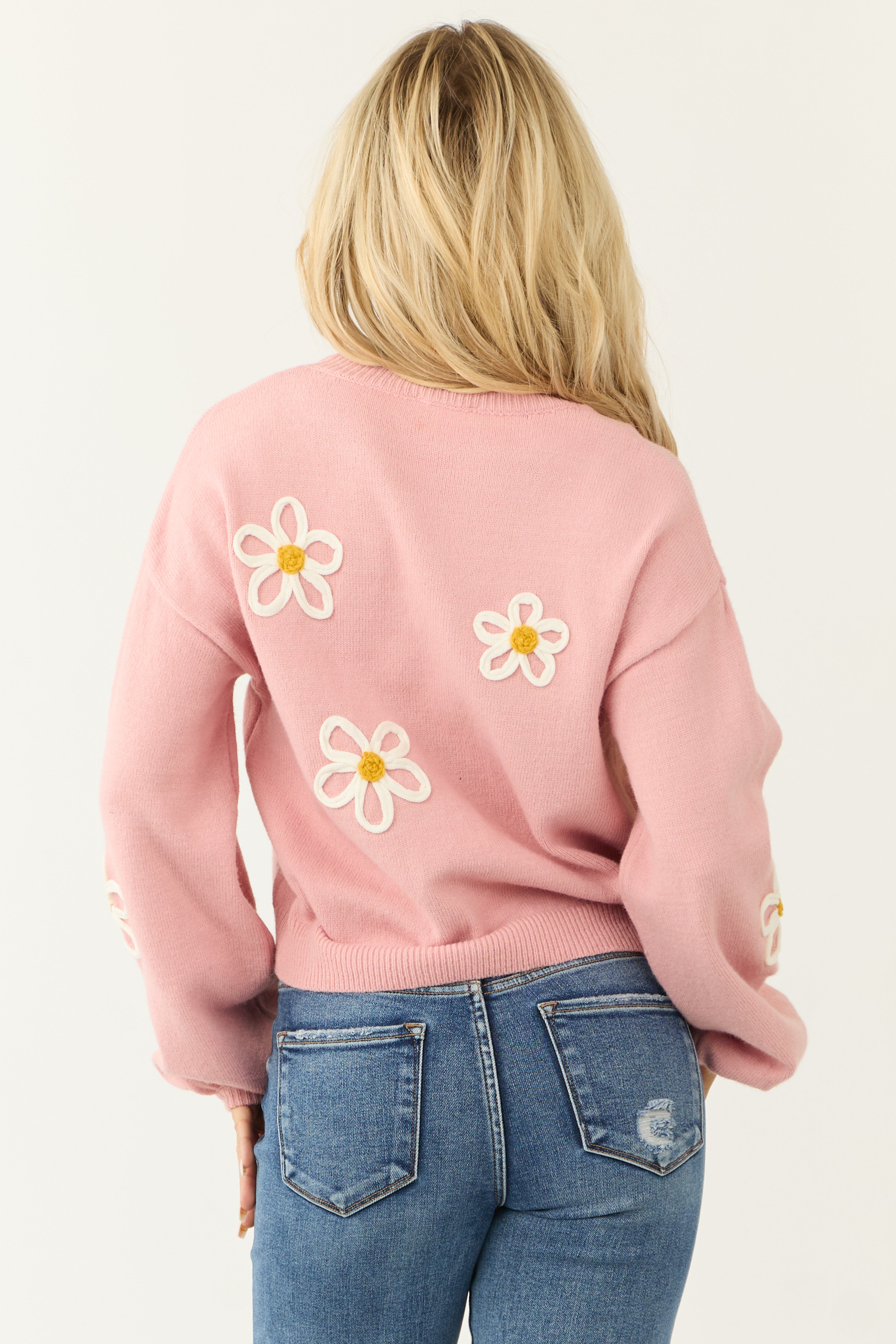 Carnation Floral Embroidered Puff Sleeve Sweater