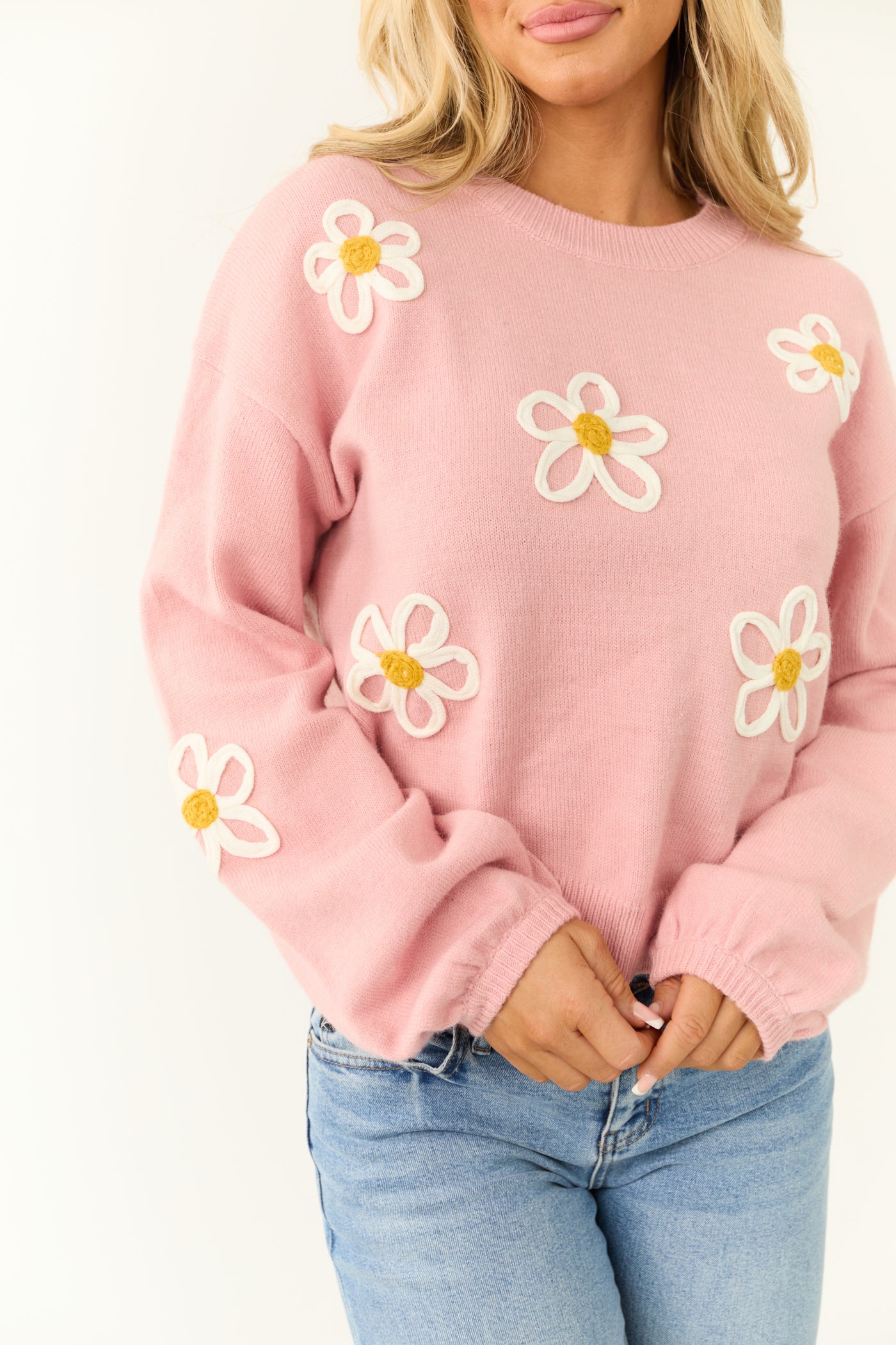 Carnation Floral Embroidered Puff Sleeve Sweater