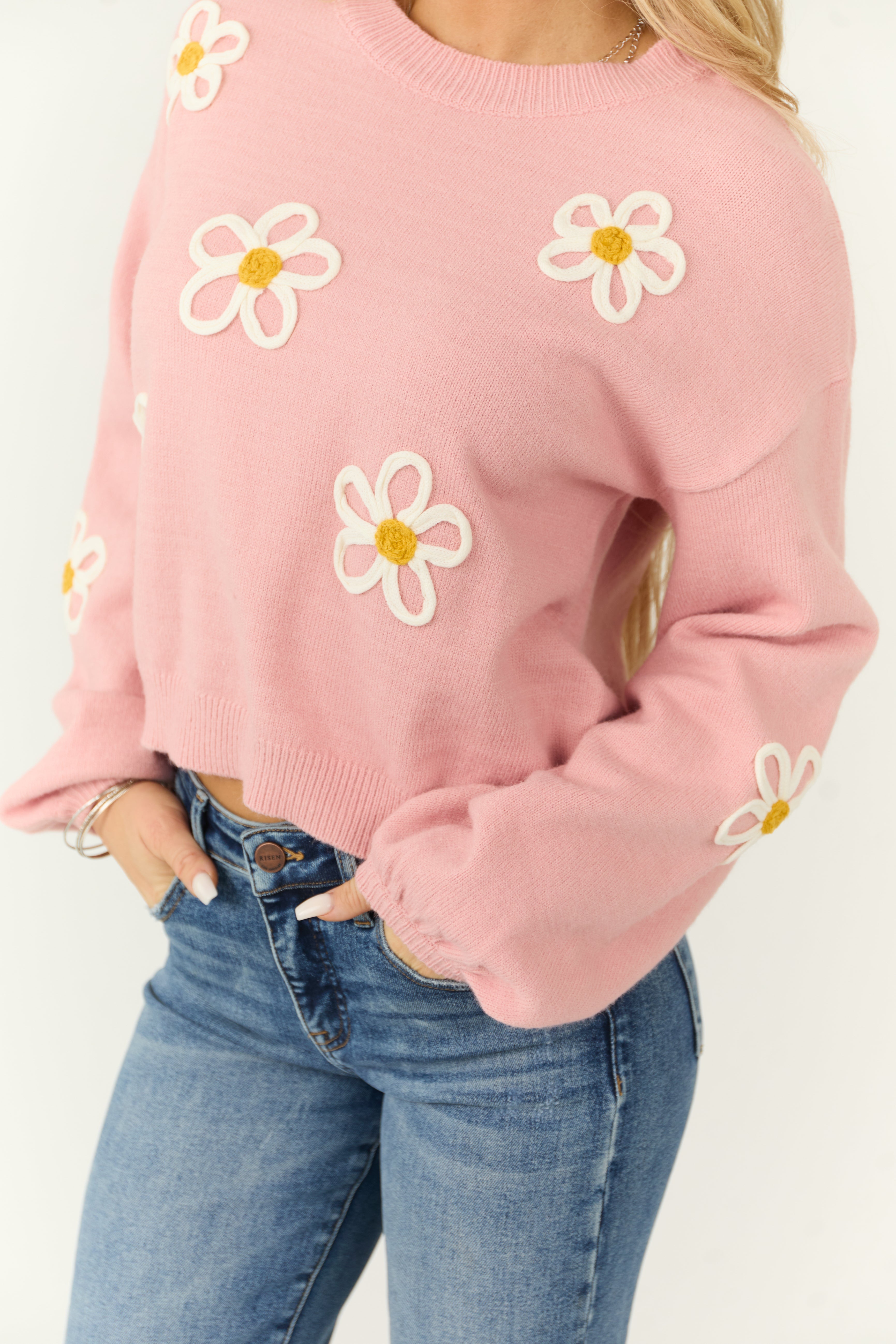 Carnation Floral Embroidered Puff Sleeve Sweater