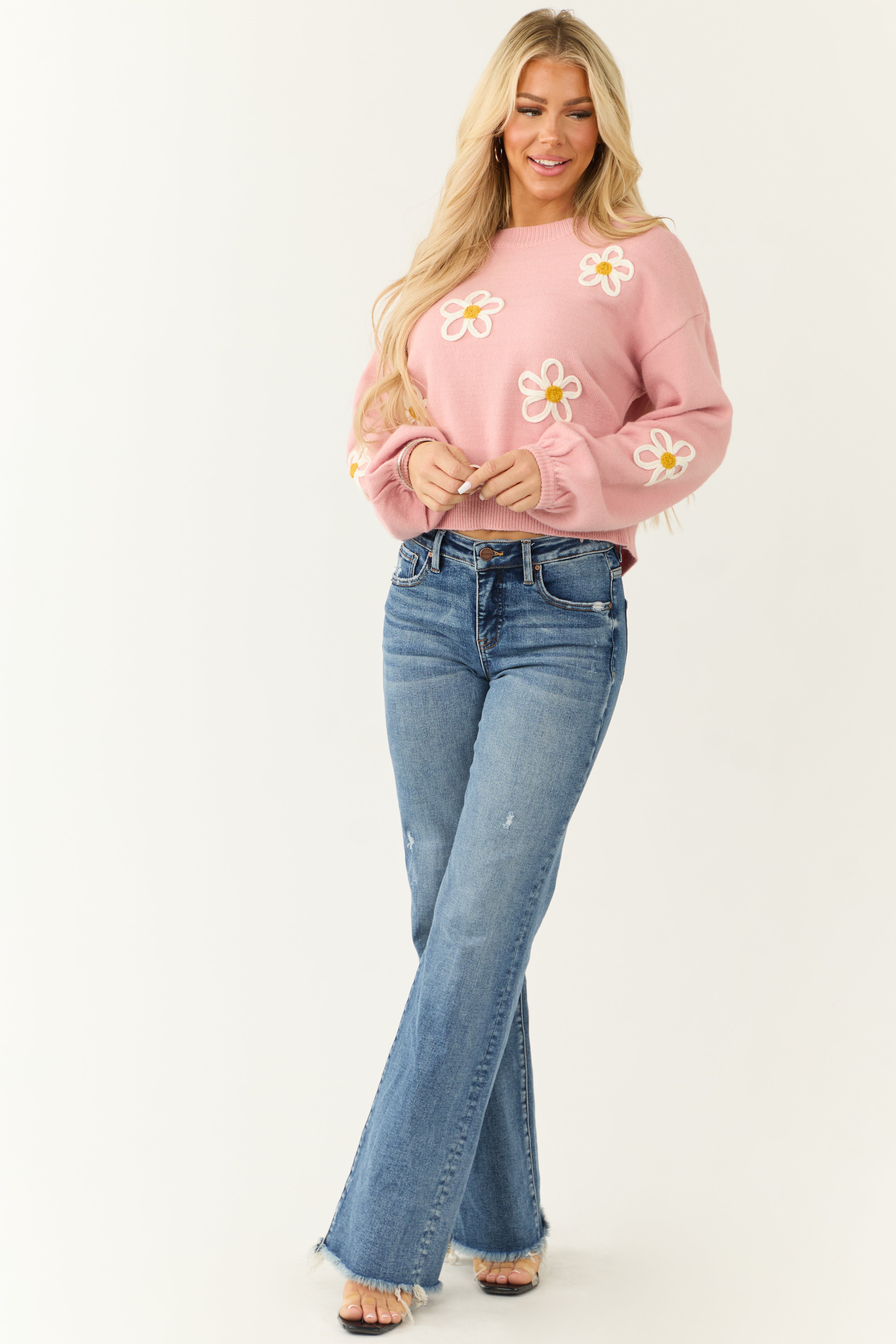 Carnation Floral Embroidered Puff Sleeve Sweater