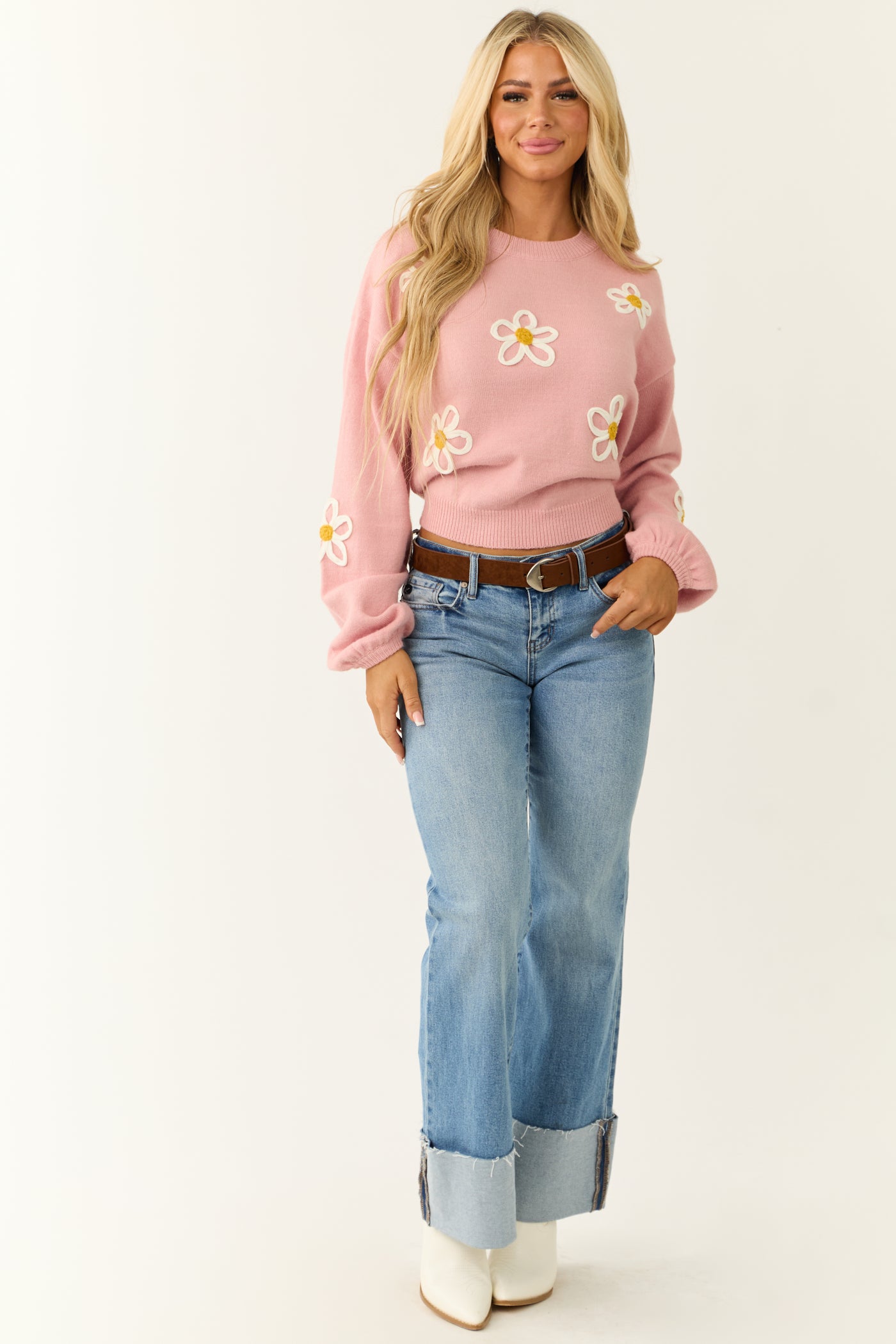 Carnation Floral Embroidered Puff Sleeve Sweater