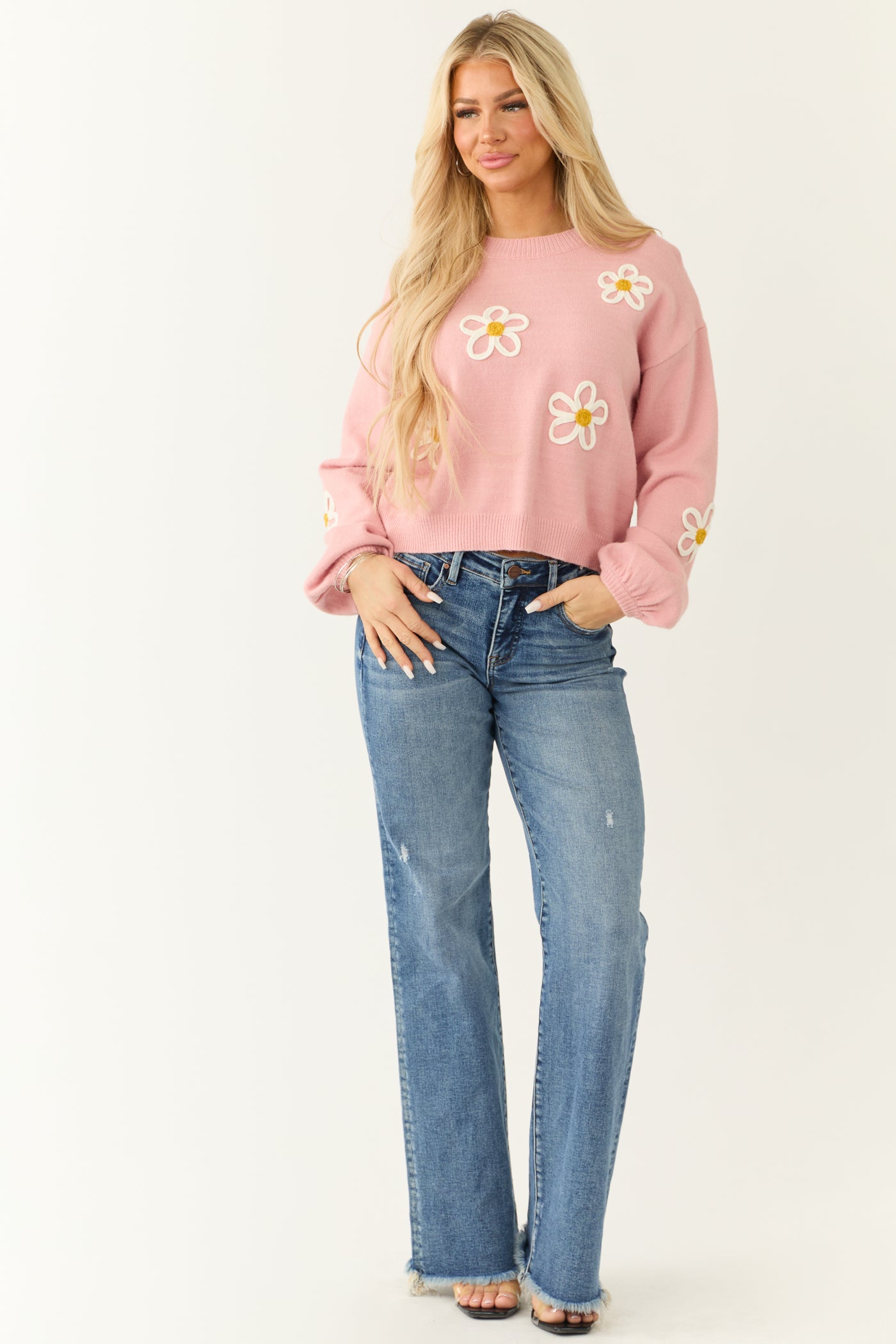 Carnation Floral Embroidered Puff Sleeve Sweater