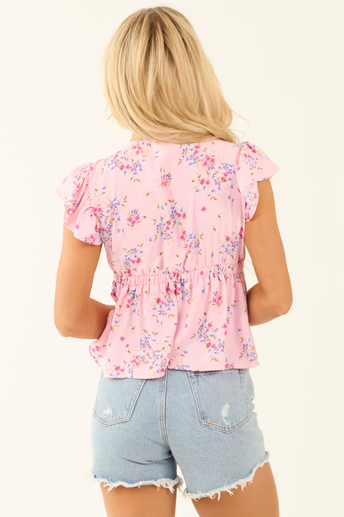 Carnation Floral Print Bow Knot V Neck Babydoll Top