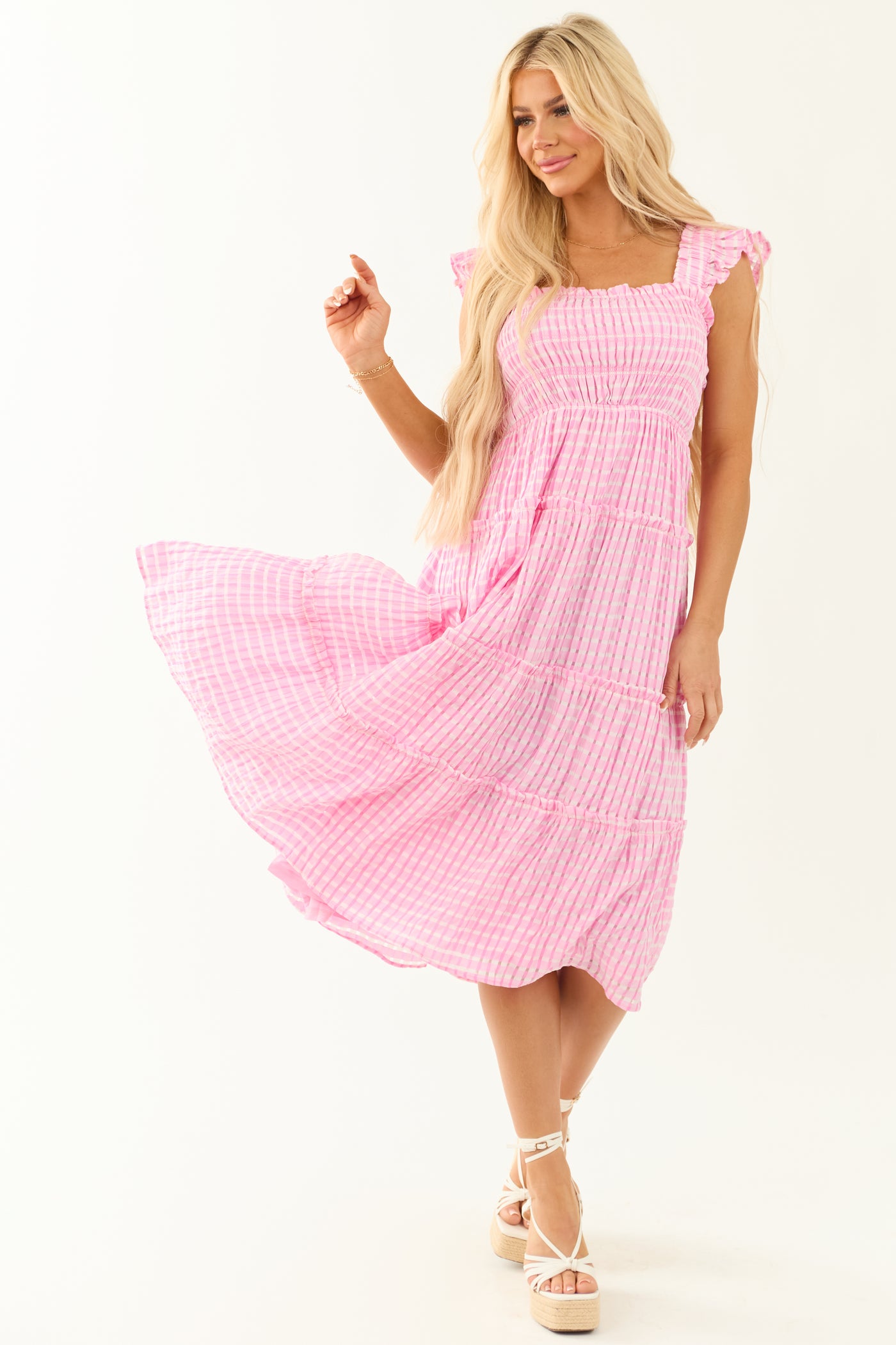 Carnation Gingham Ruffle Strap Tiered Midi Dress