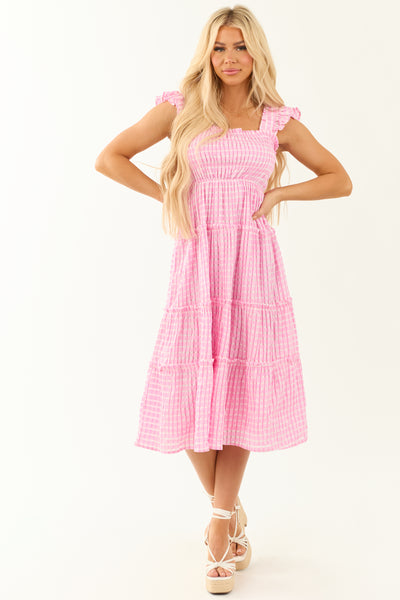 Carnation Gingham Ruffle Strap Tiered Midi Dress