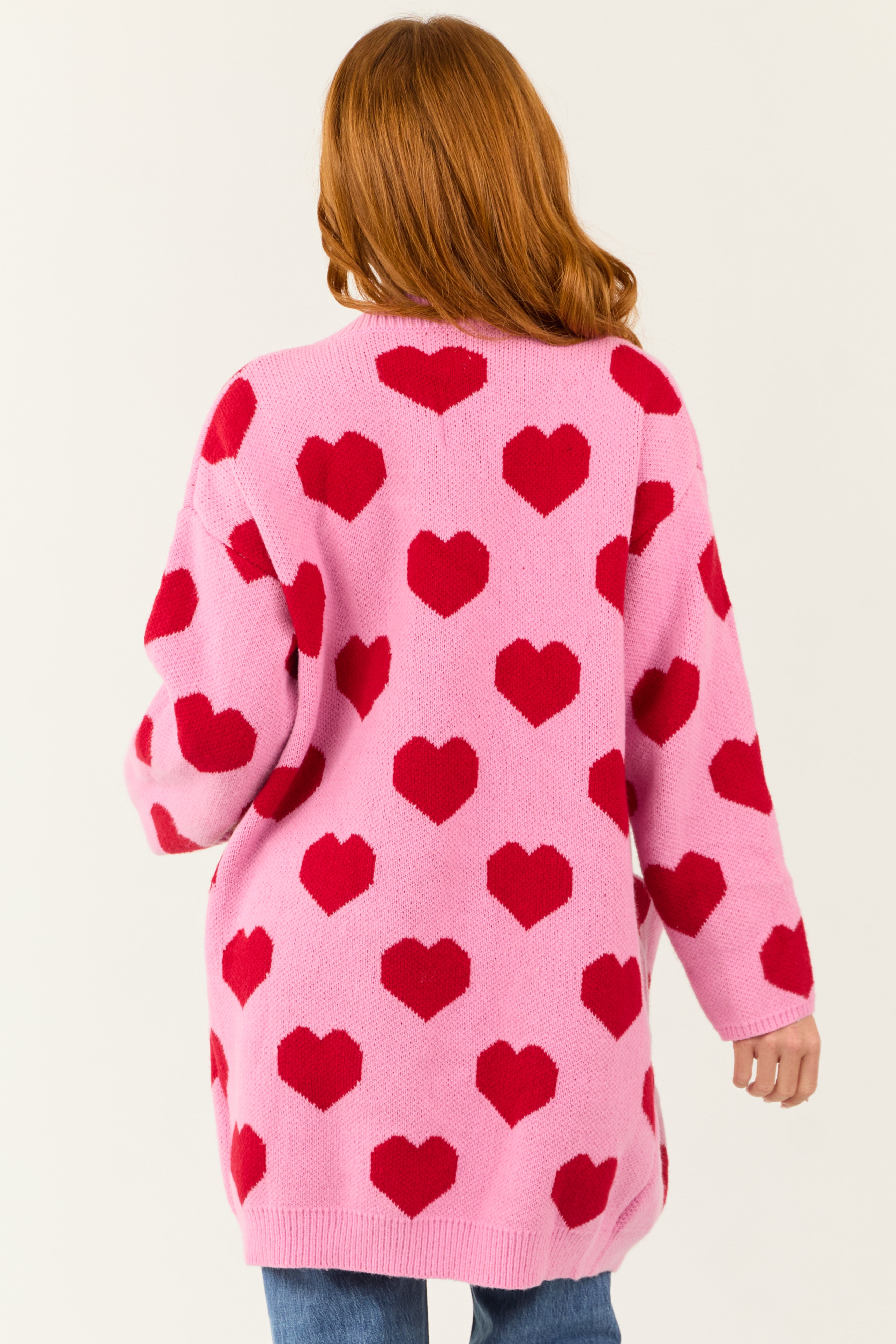 Carnation Heart Print Open Front Knit Cardigan