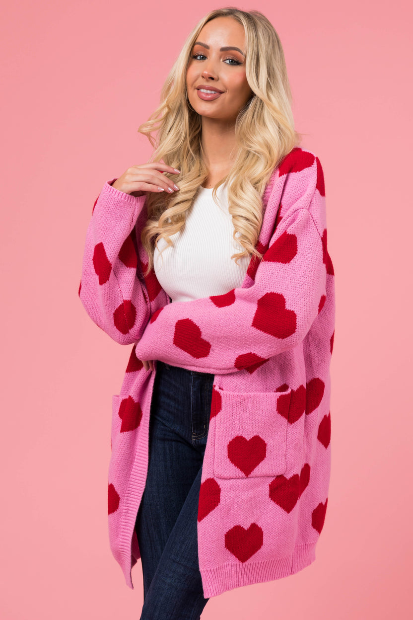 Carnation Heart Print Open Front Knit Cardigan