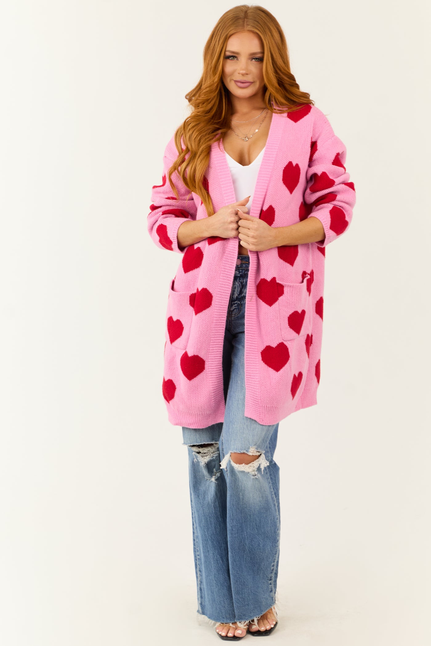 Carnation Heart Print Open Front Knit Cardigan