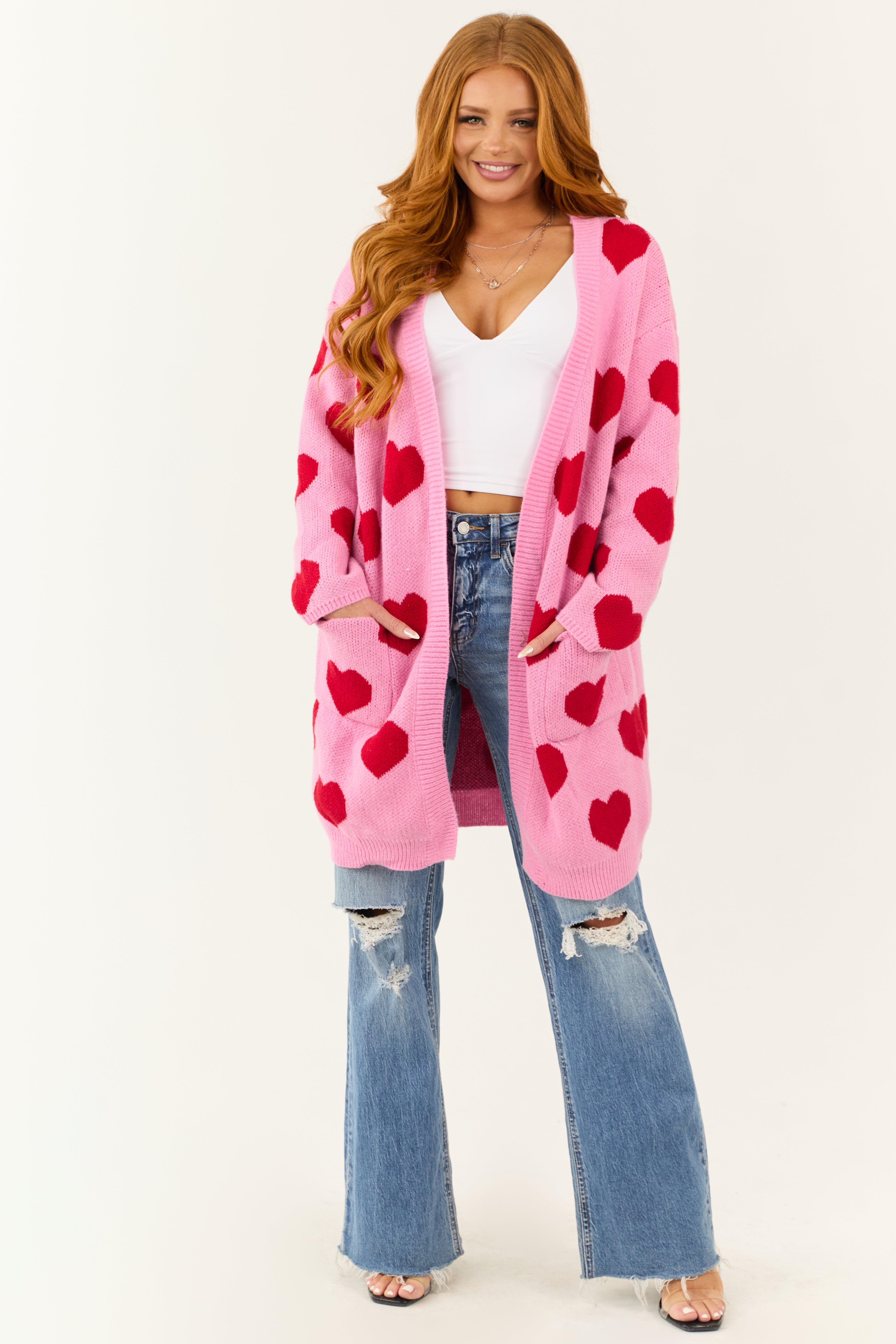 Carnation Heart Print Open Front Knit Cardigan