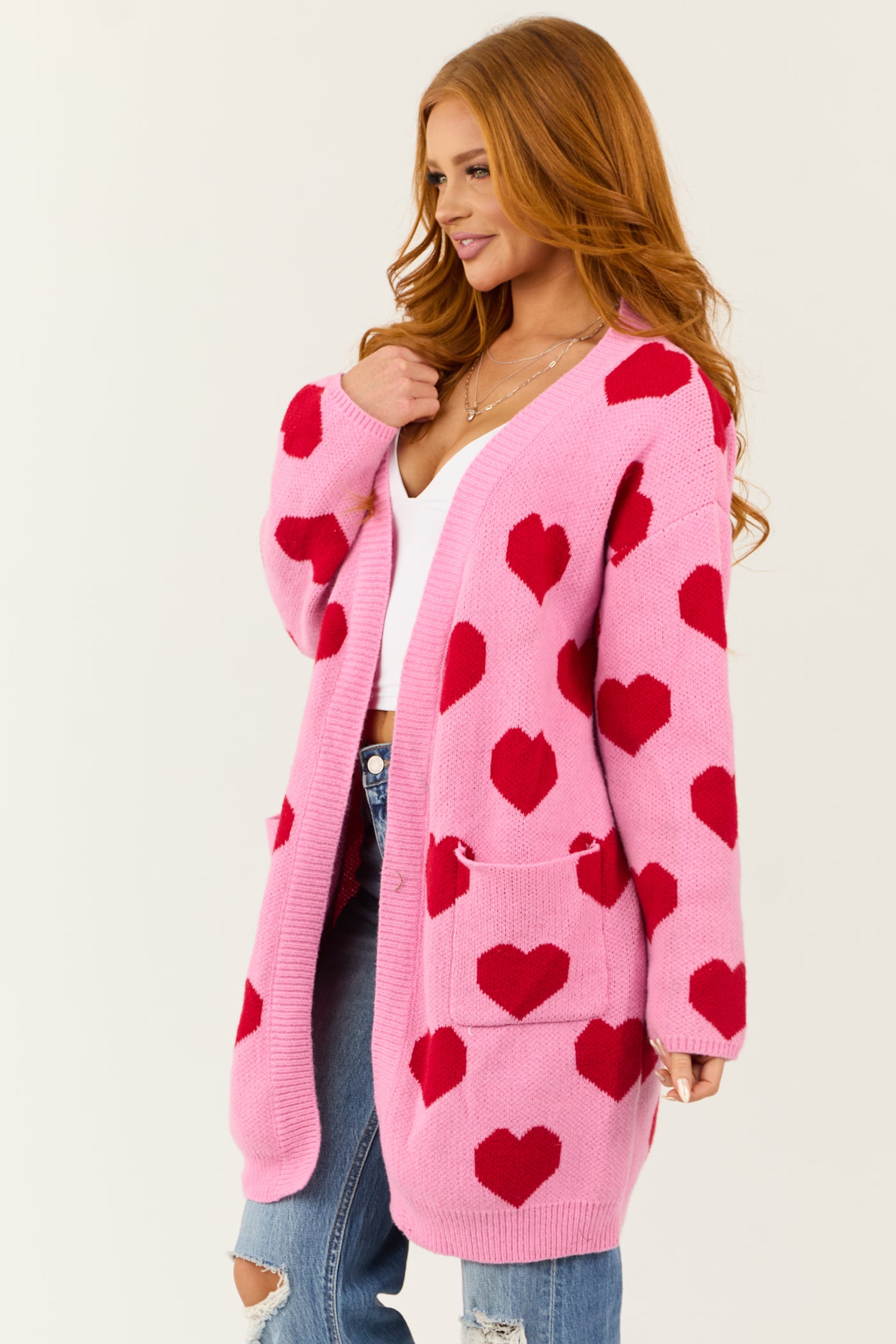 Carnation Heart Print Open Front Knit Cardigan