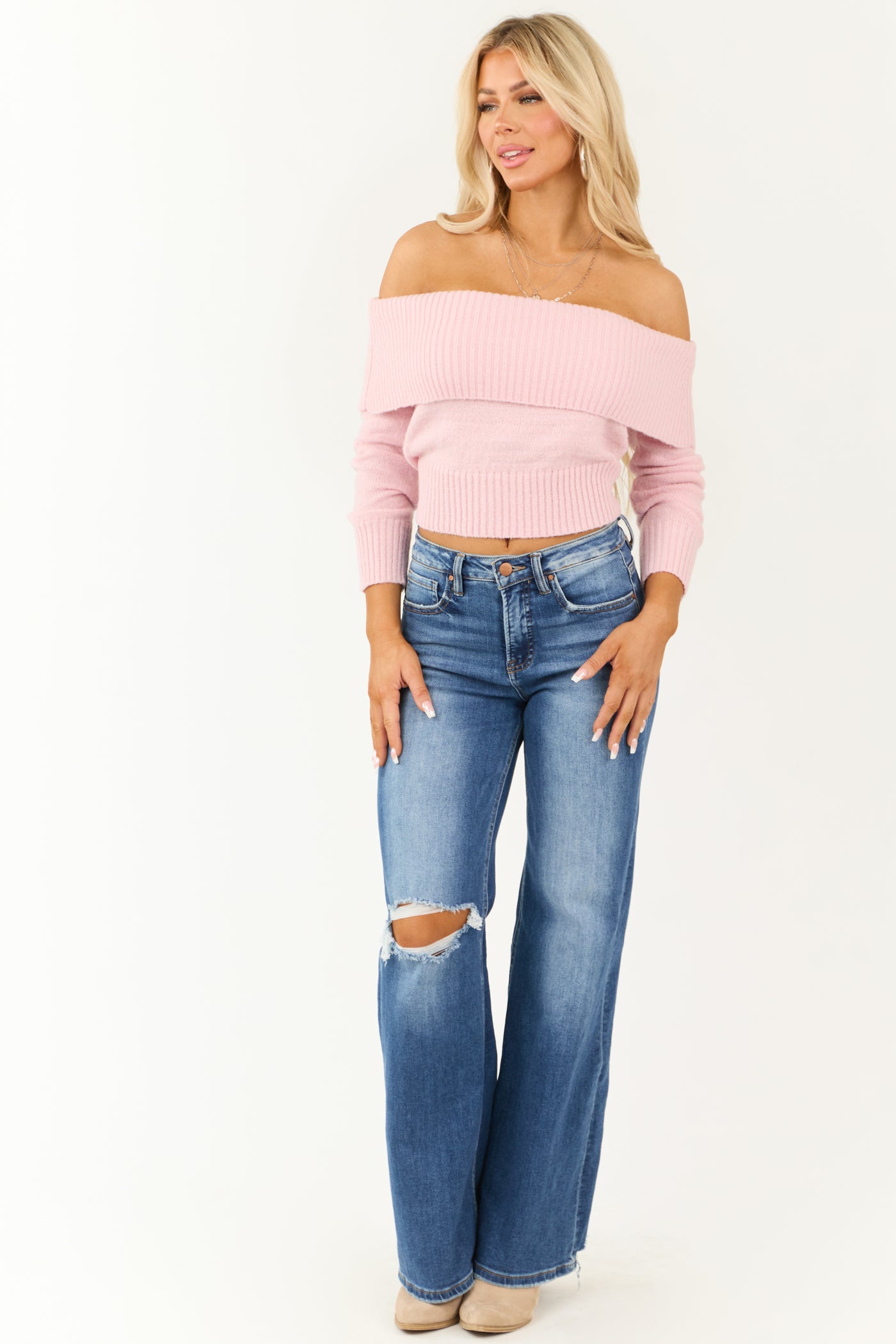 Carnation Off the Shoulder Fold Over Sweater