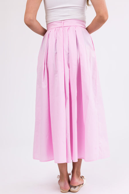 Carnation Pink Belted Woven A Line Maxi Skirt