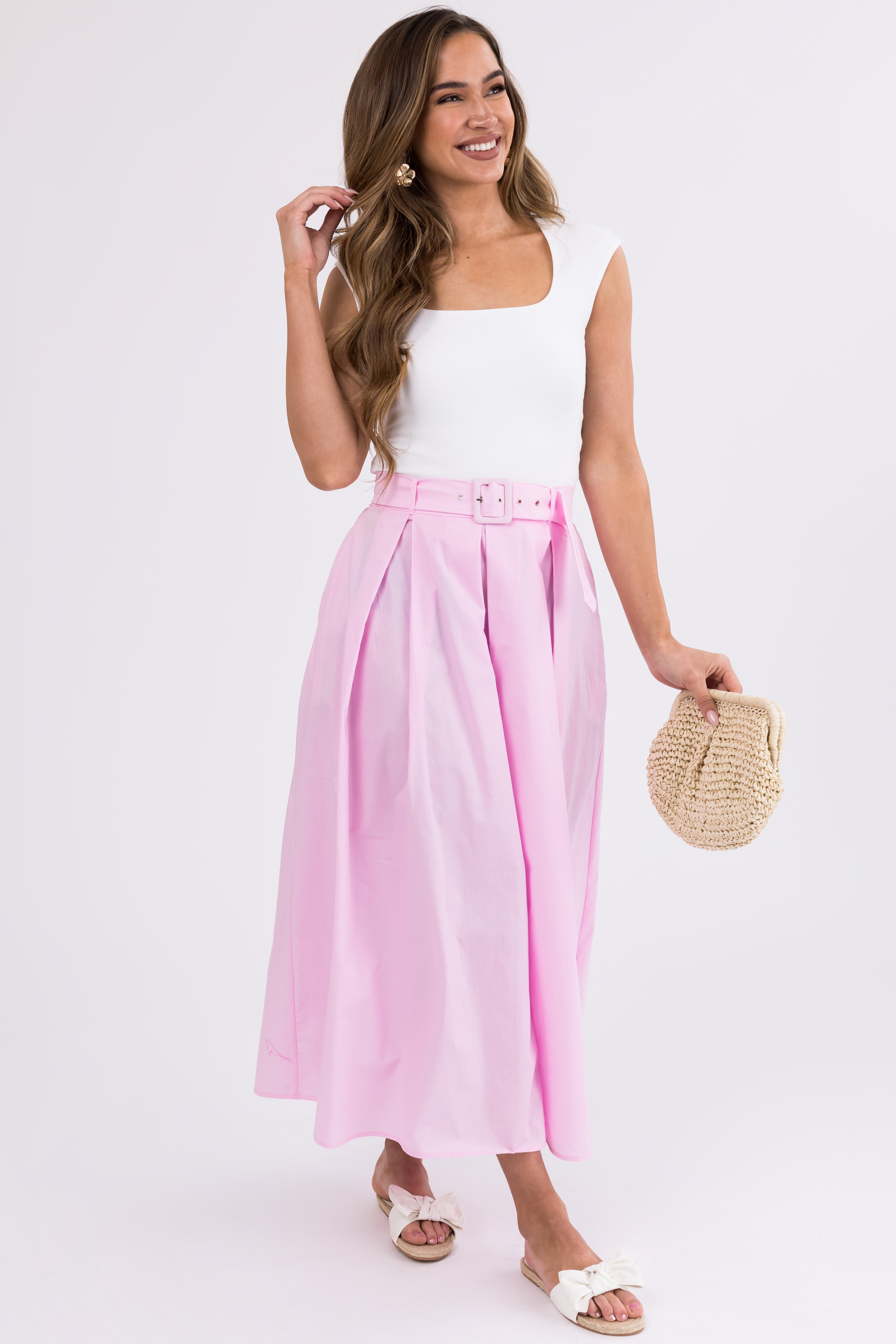 Carnation Pink Belted Woven A Line Maxi Skirt