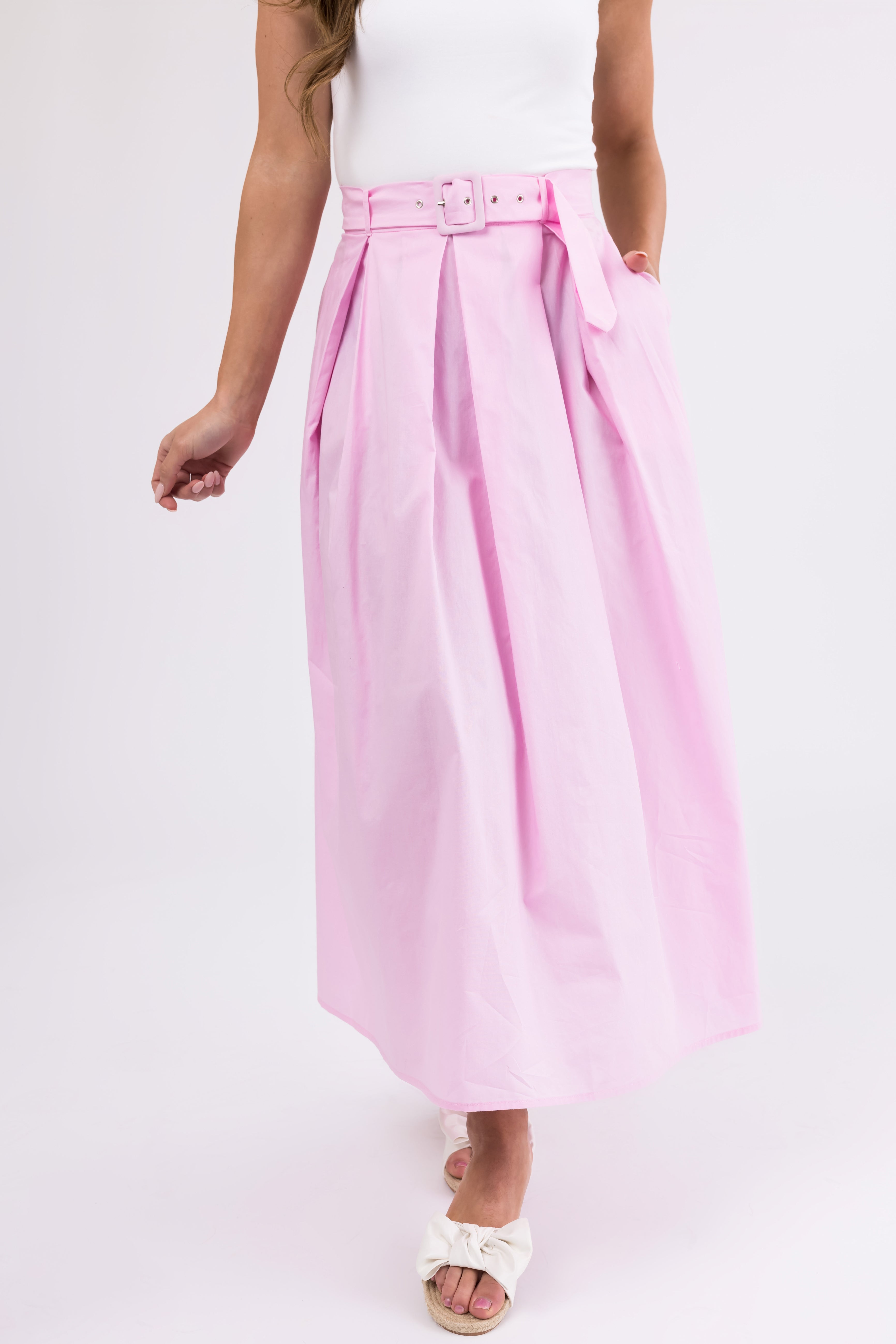 Carnation Pink Belted Woven A Line Maxi Skirt