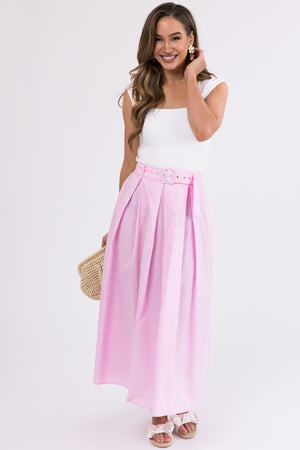 Carnation Pink Belted Woven A Line Maxi Skirt