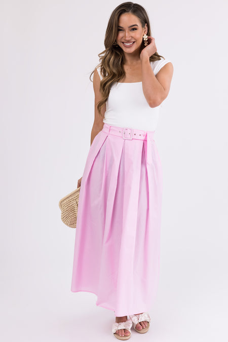 Carnation Pink Belted Woven A Line Maxi Skirt