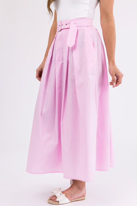 Carnation Pink Belted Woven A Line Maxi Skirt