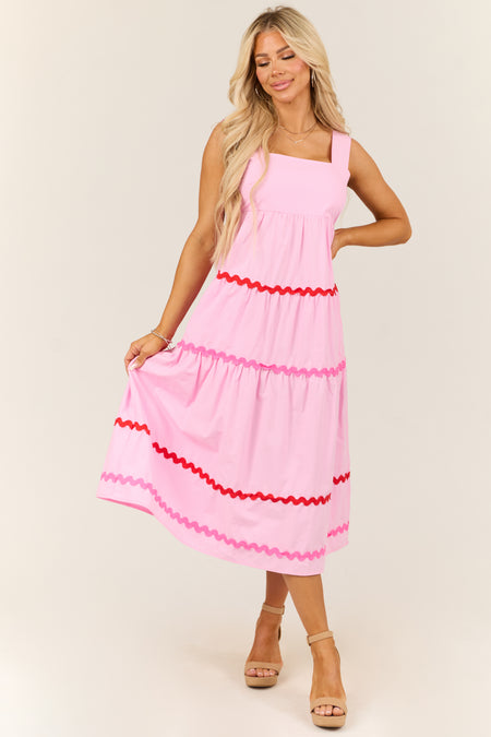 Carnation Sleeveless Wavy Contrast Tiered Midi Dress