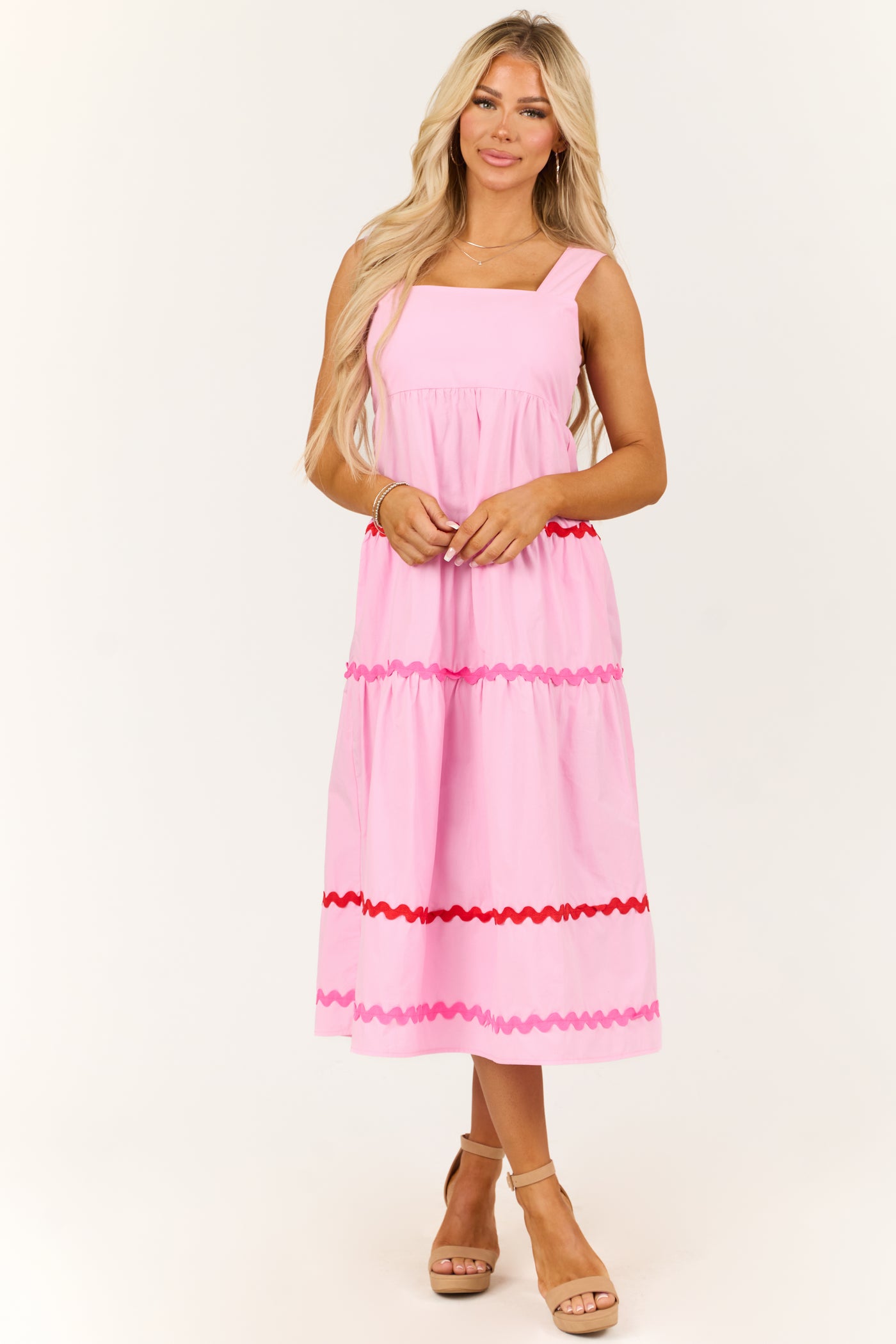 Carnation Sleeveless Wavy Contrast Tiered Midi Dress