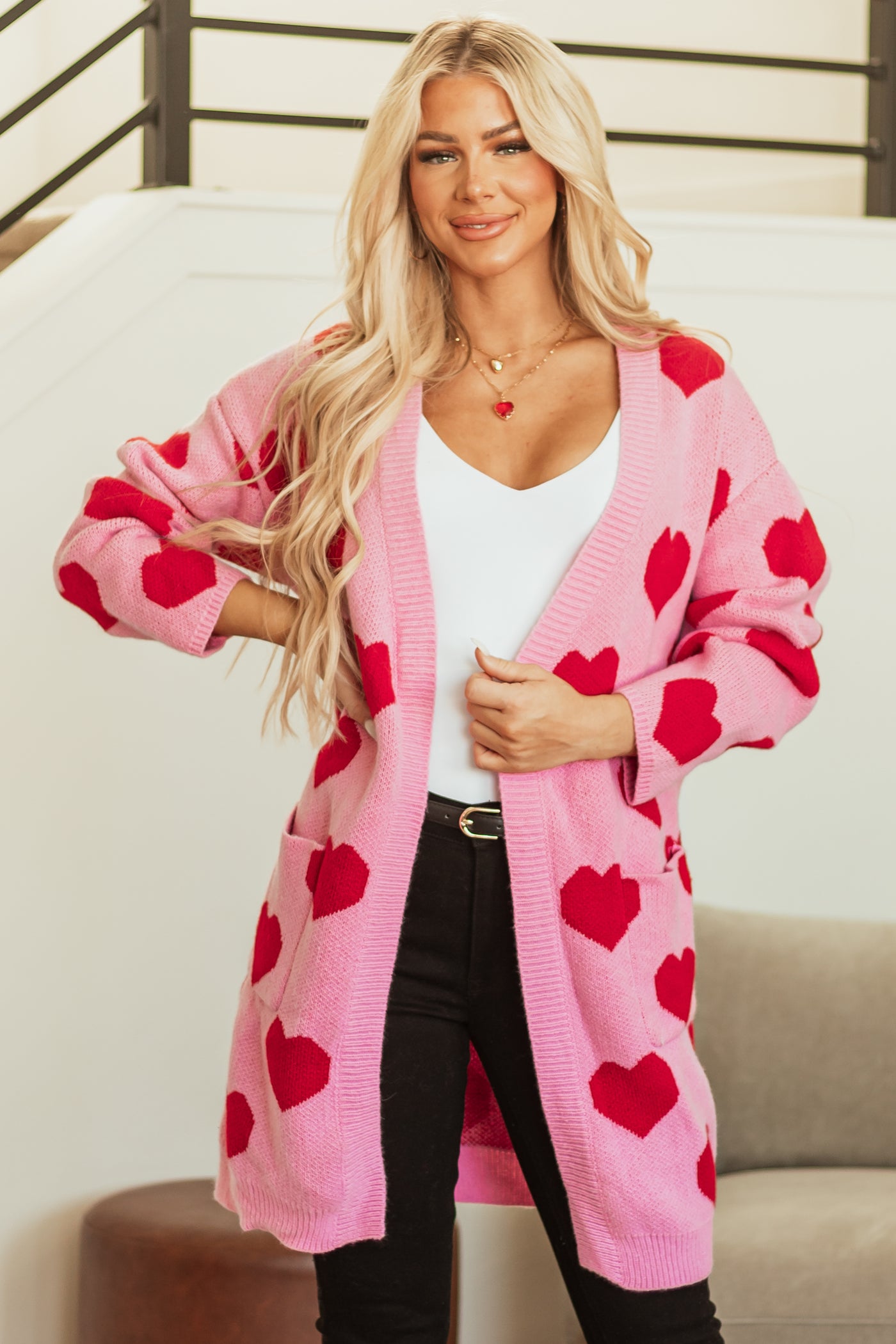 Carnation Heart Print Open Front Knit Cardigan