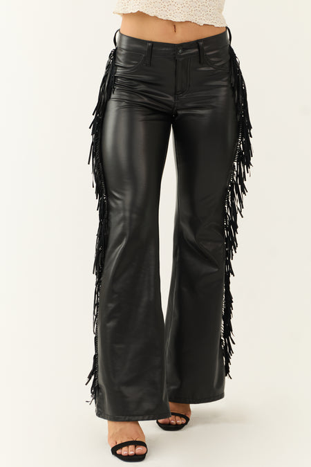 Cello Black Faux Leather Mid Rise Fringe Flare Pants