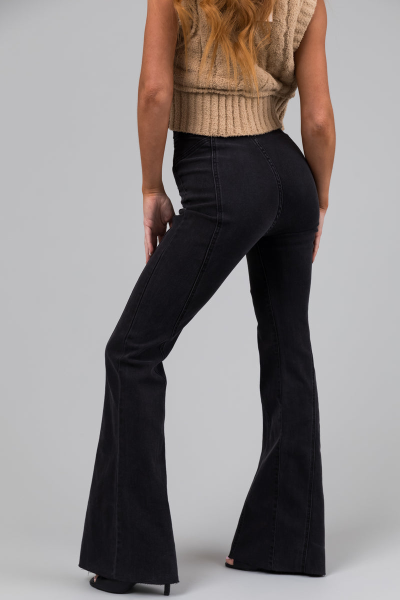 Cello Black High Rise Button Flare Jeans