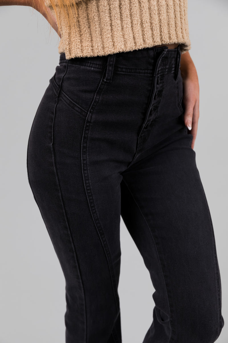 Cello Black High Rise Button Flare Jeans