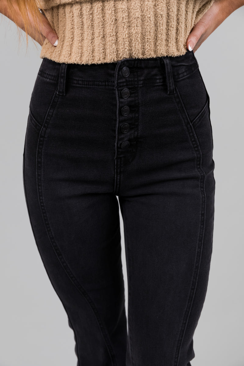 Cello Black High Rise Button Flare Jeans