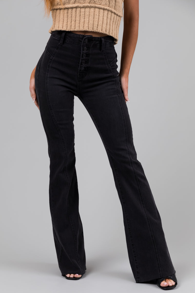 Cello Black High Rise Button Flare Jeans