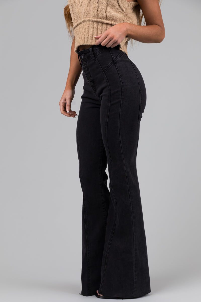 Cello Black High Rise Button Flare Jeans