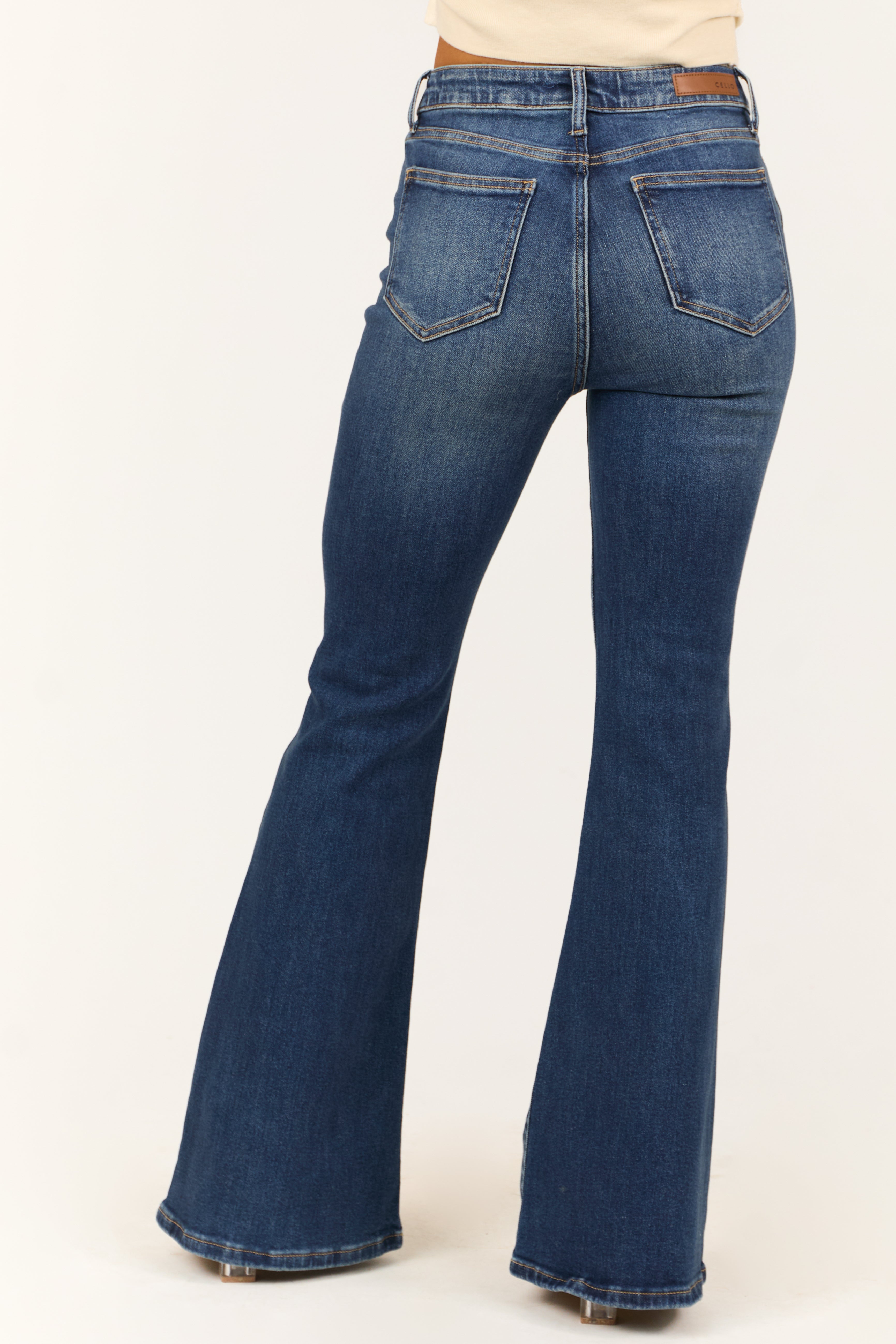 Cello Dark Wash Flare Leg High Rise Jeans