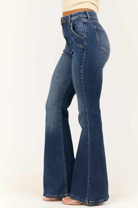 Cello Dark Wash Flare Leg High Rise Jeans