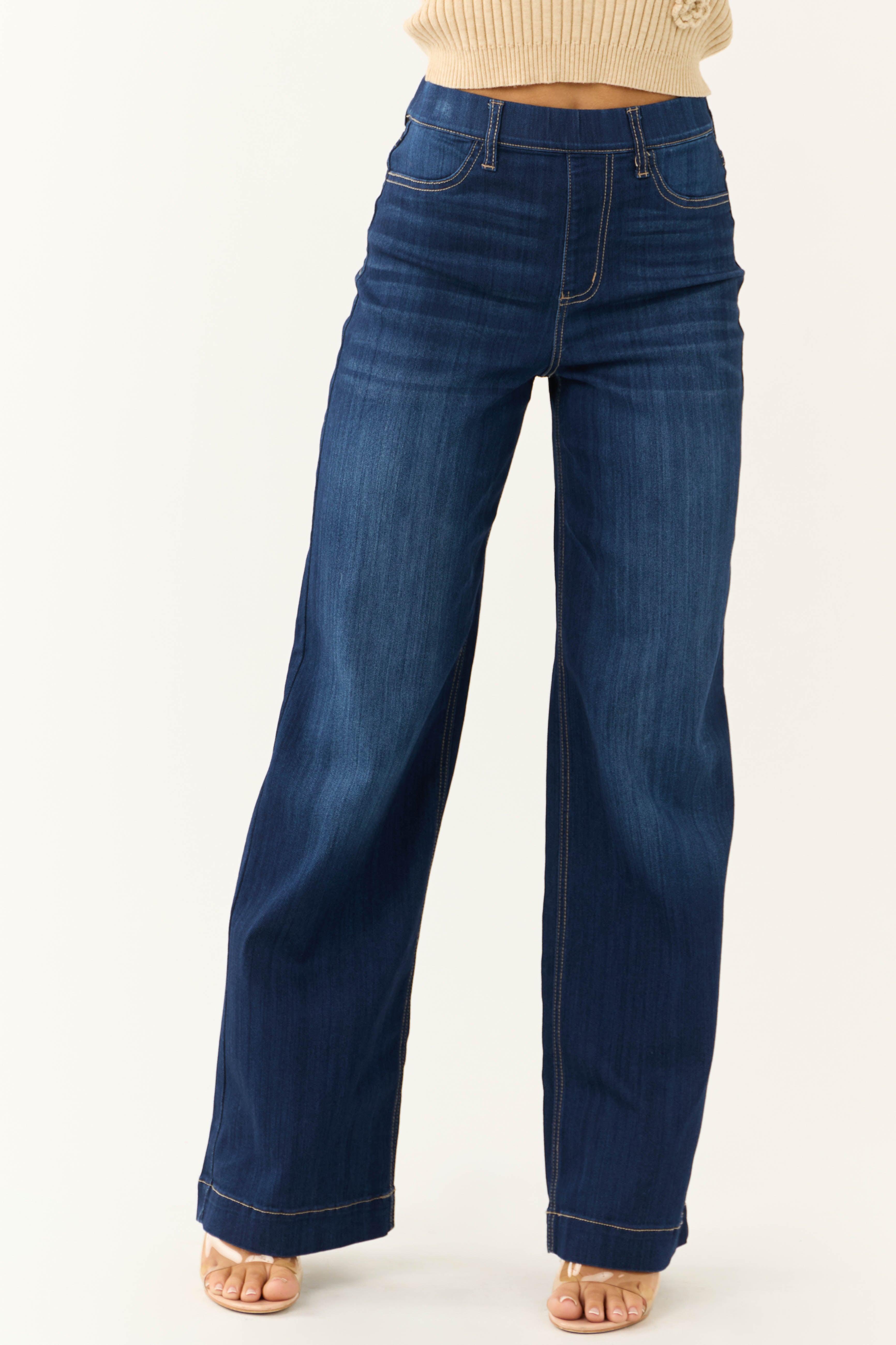 Cello Dark Wash High Rise Pull On Wide Leg Jeans