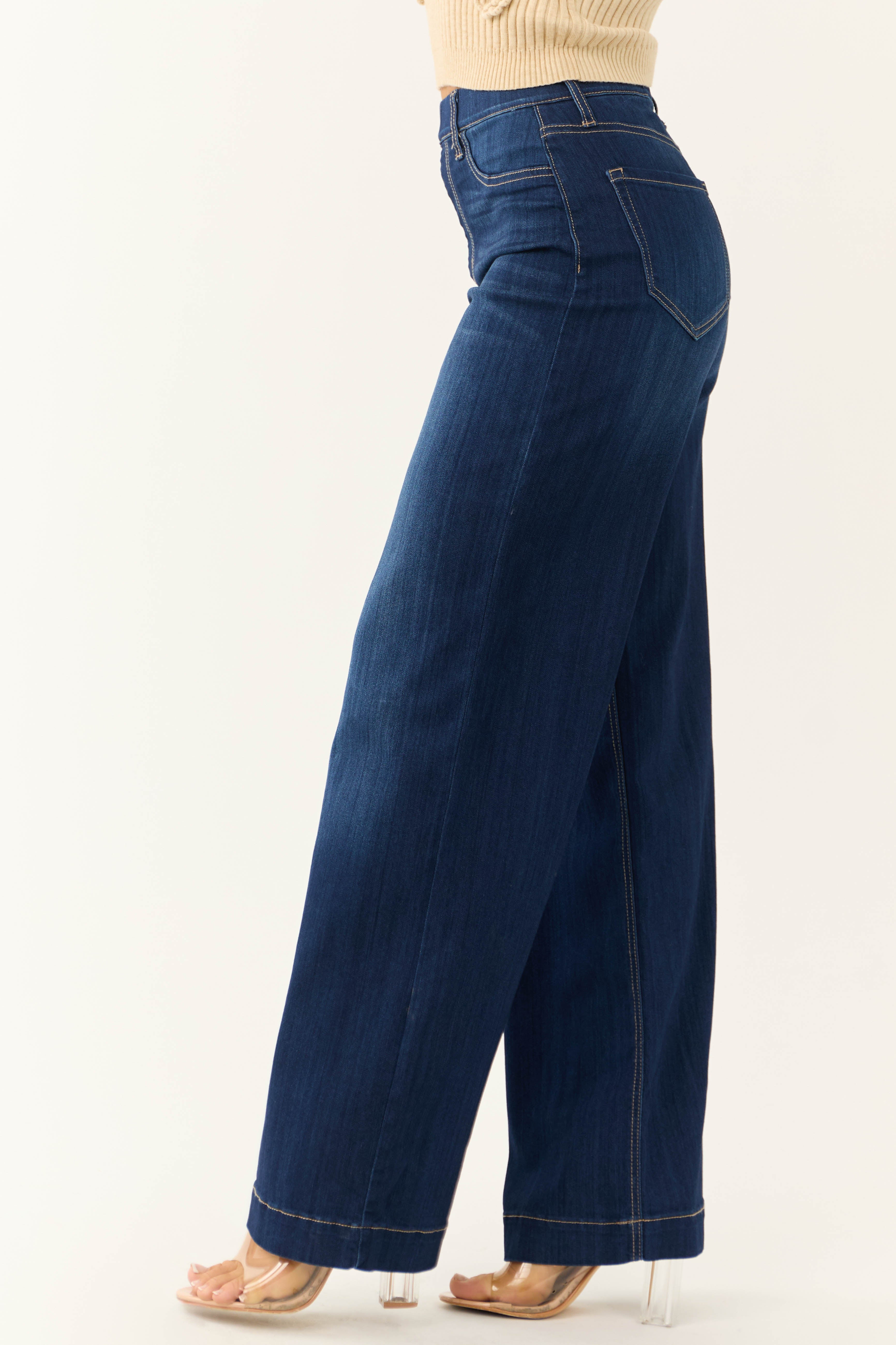 Cello Dark Wash High Rise Pull On Wide Leg Jeans