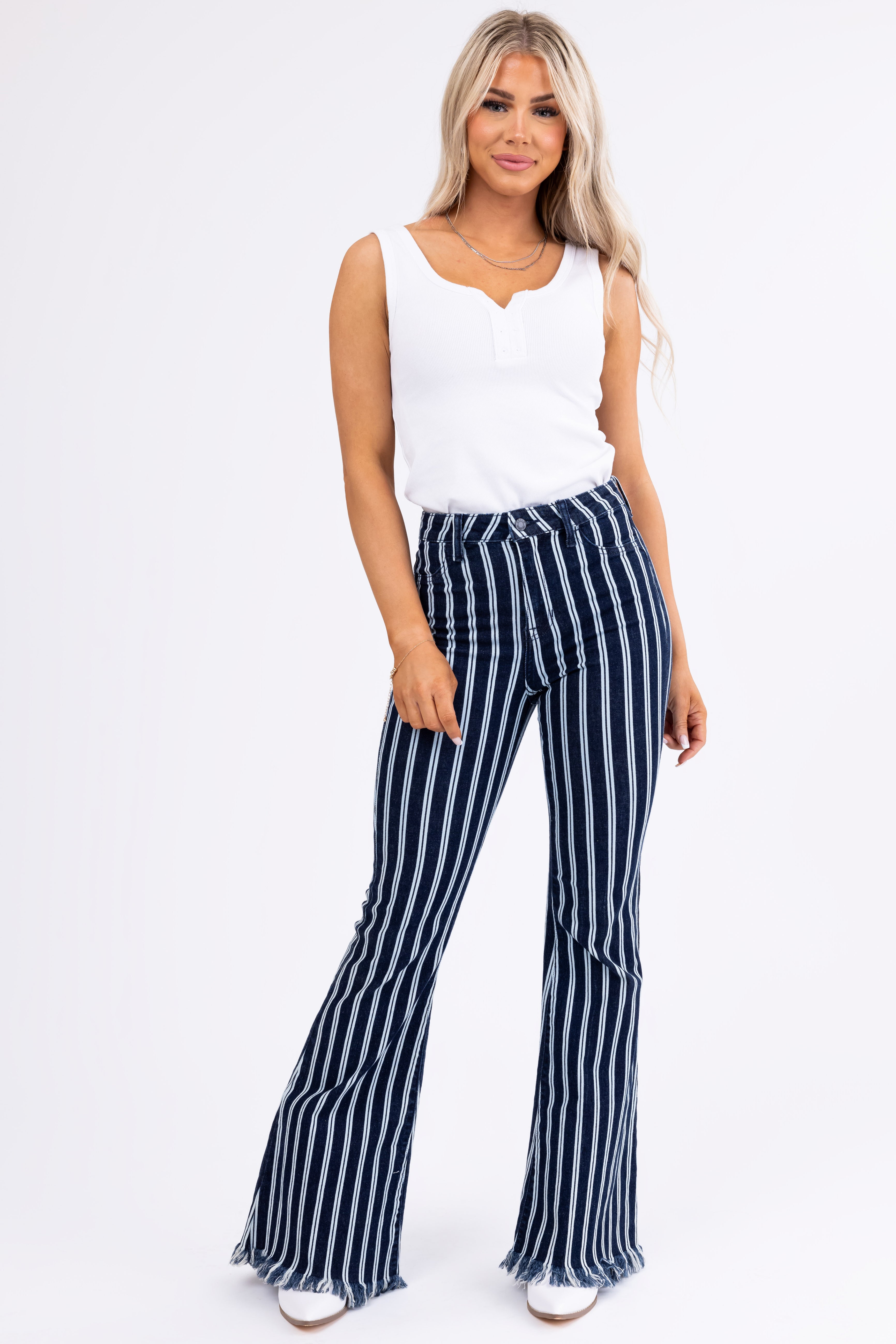 Cello High Rise Striped Super Flare Jeans