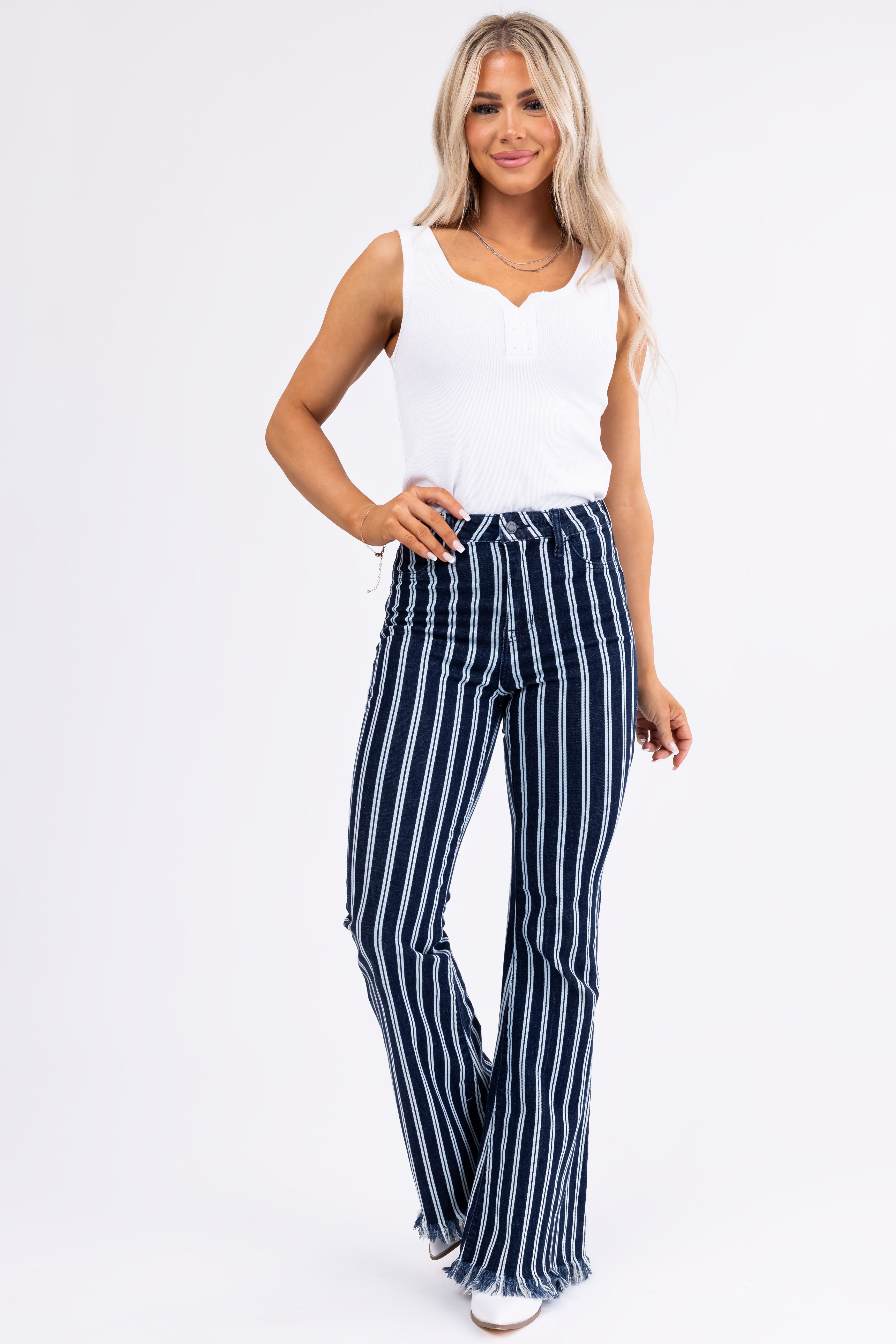 Cello High Rise Striped Super Flare Jeans