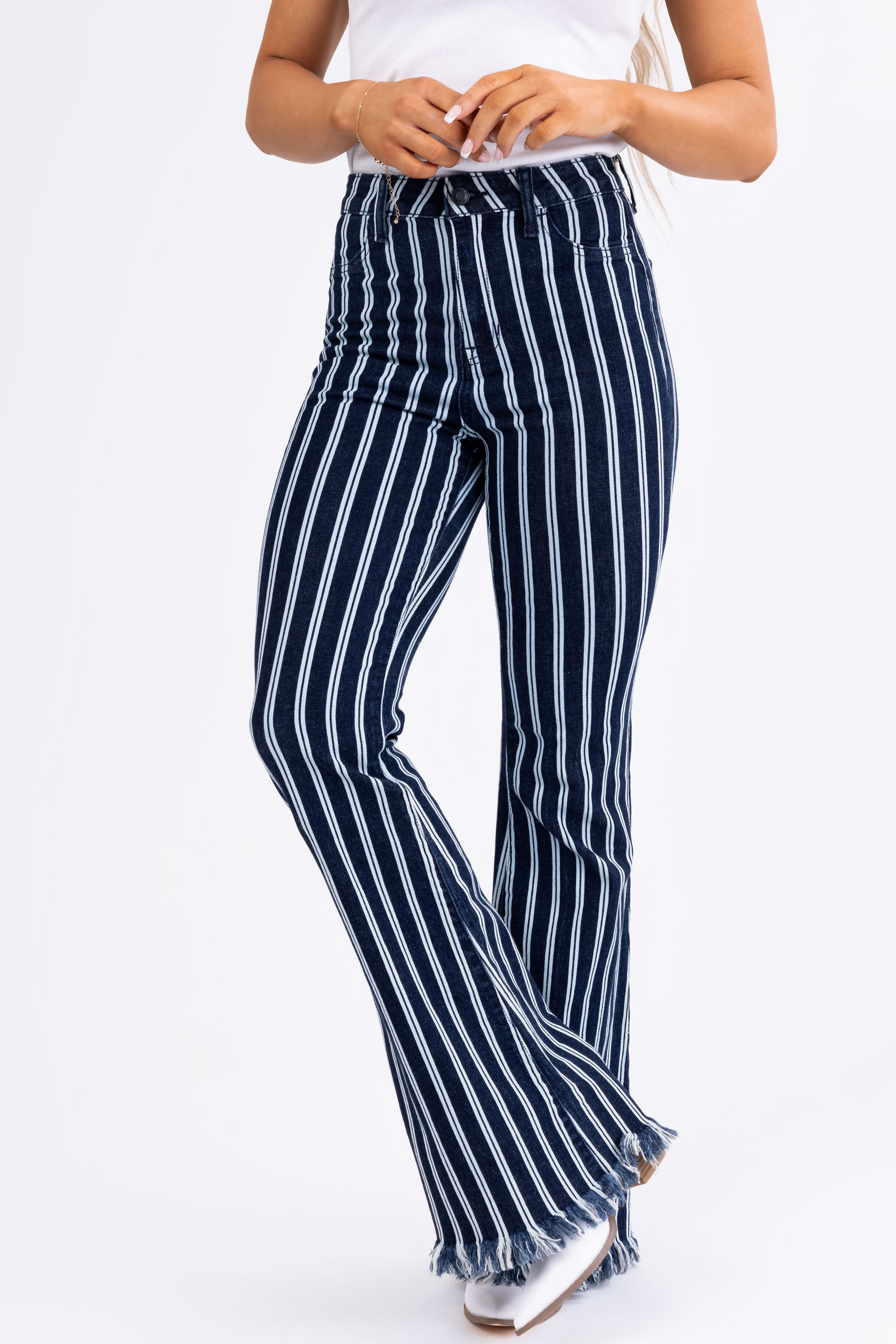 Cello High Rise Striped Super Flare Jeans