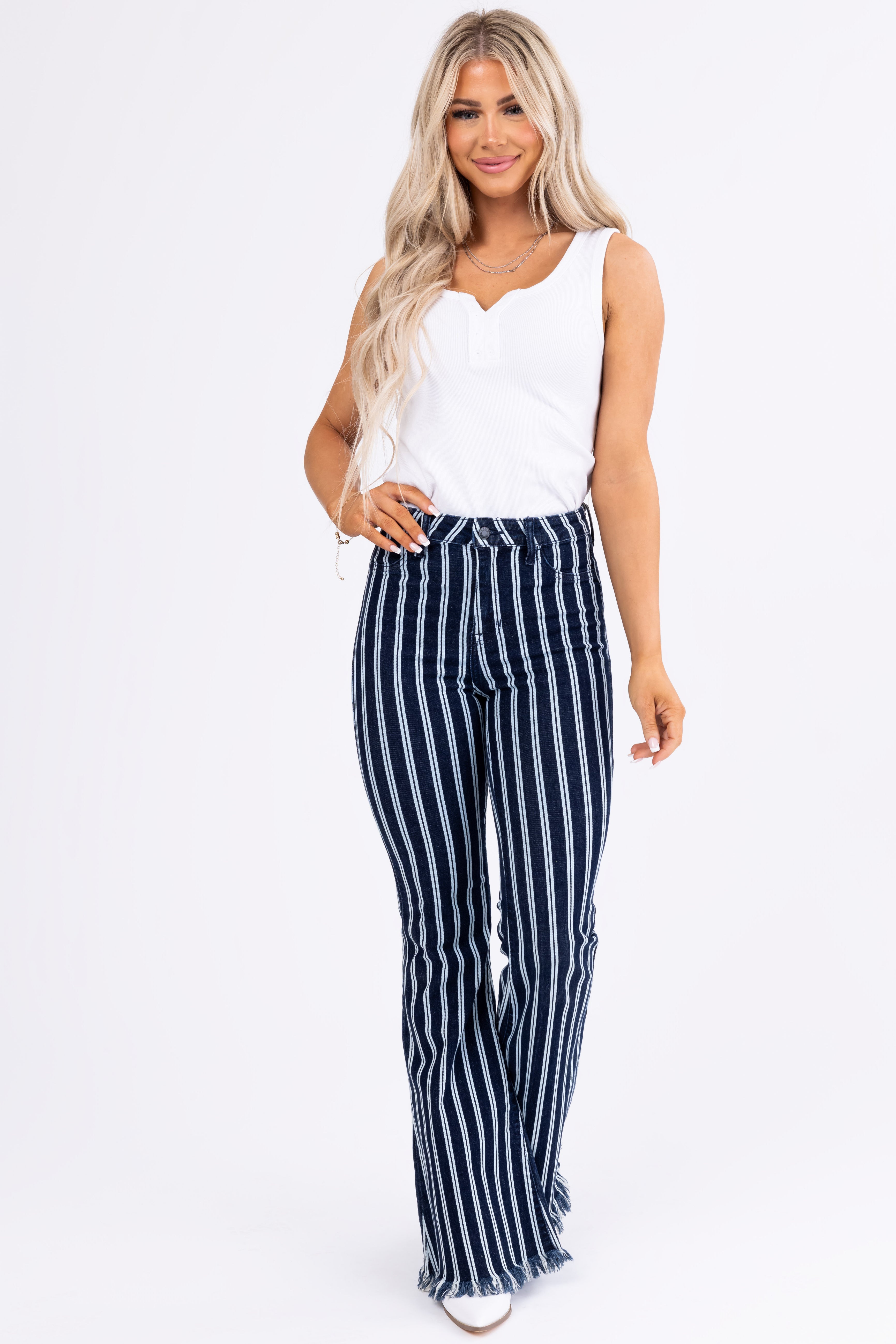 Cello High Rise Striped Super Flare Jeans